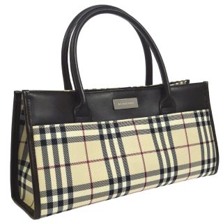 Authentic Burberry Check Hand Bag Beige Brown Nylon Leather Vintage Ak24322