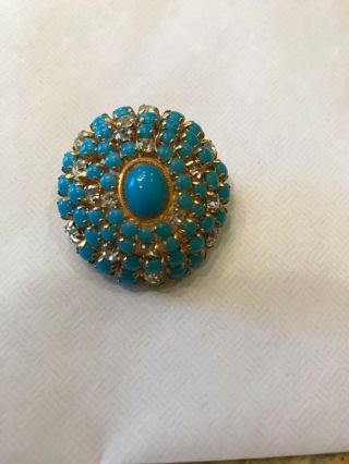 Vintage Rare Christian Dior Germany 1968 Pin Brooch Turquoise Rhinestones