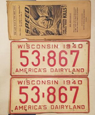 Vintage Set Of 1940 Wisconsin License Plates 53 - 867