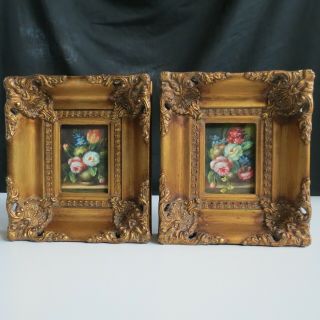 Vintage Flowers Floral Still Life Oil On Board Oil Painting Pair 7x8x2 Mastered