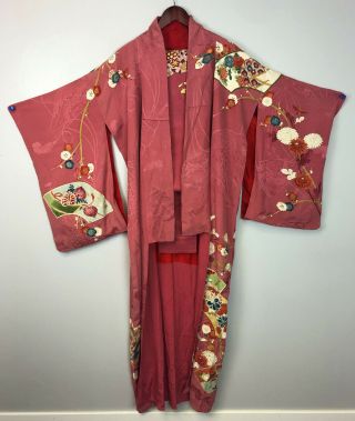 Vintage Japanese Silk Brocade Floral Kimono W Matching Obi
