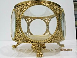 Large Ormolu Vintage Trinket Jewelry Box Beveled Glass 7 Round Windows Stunning