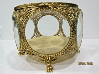 Large Ormolu Vintage Trinket Jewelry Box Beveled Glass 7 Round Windows Stunning 5