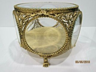 Large Ormolu Vintage Trinket Jewelry Box Beveled Glass 7 Round Windows Stunning 6