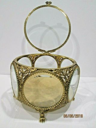 Large Ormolu Vintage Trinket Jewelry Box Beveled Glass 7 Round Windows Stunning 7