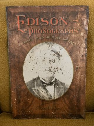 Rare Antique Edison Phonograph Tin Sign Gold Moulded Records Music Advertising