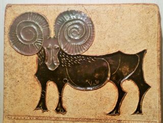 MCM Cailf vtg art pottery tile wall hanger hal fromhold danish modern goat horn 2