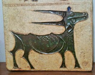 MCM Cailf vtg art pottery tile wall hanger hal fromhold danish modern goat horn 5