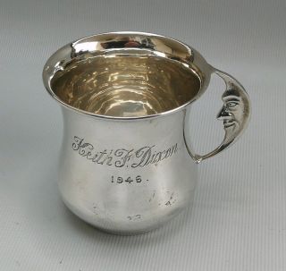 Vtg 1944 Lanson Ltd Solid Silver Man In The Moon Handled Christening Cup Mug 57g