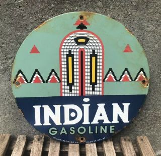 Old Vintage 1929 Indian Gasoline Porcelain Gas Pump Sign