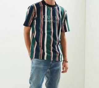 Guess Originals Sayer 81 Vertical Striped Vintage Green Blue T Shirt Size Large