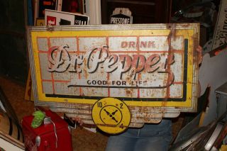 Large Vintage C.  1940 Dr Pepper Soda Pop Gas Station 2 Sided 36 " Metal Sign