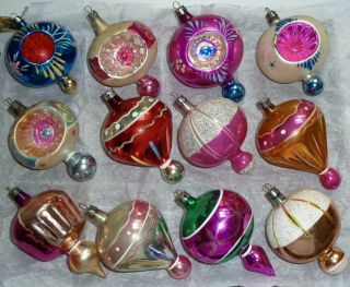 12 Unusual Vtg Poland Polish X - Mas Tree Glass Ornaments Indent,  Nipple,  Balloon