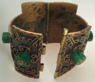 Casa De Maya Mexico Mid Century Copper Malachite Glass Hinged Bracelet