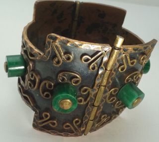 Casa De Maya Mexico Mid Century Copper Malachite Glass Hinged Bracelet 2