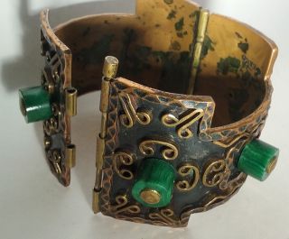 Casa De Maya Mexico Mid Century Copper Malachite Glass Hinged Bracelet 3