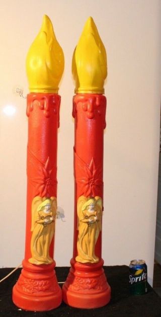 38 " Pair Empire Red Candle Angel Xmas Blowmold Light Up Vtg Outdoor Plastic Yard