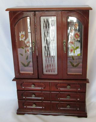 Vintage Wood Jewelry Box With Glass Doors