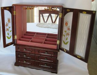 VINTAGE WOOD JEWELRY BOX WITH GLASS DOORS 2