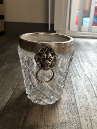 Vintage Heavy Pressed Crystal Champagne Ice Bucket With Silver Lions Rare