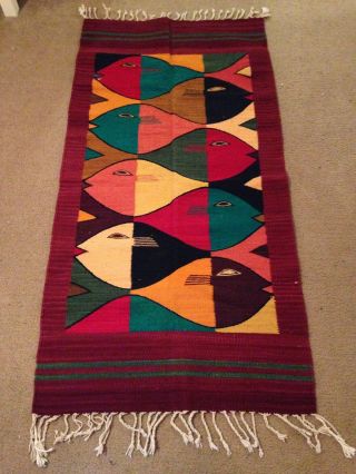 Vintage Mexican Zapotec Fish Eye Wool Rug Loom Wall Hanging Blanket Decor Guc