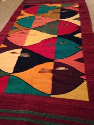 Vintage Mexican Zapotec Fish Eye Wool Rug Loom Wall Hanging Blanket Decor GUC 3