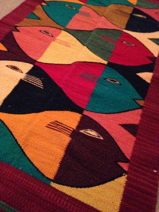 Vintage Mexican Zapotec Fish Eye Wool Rug Loom Wall Hanging Blanket Decor GUC 4