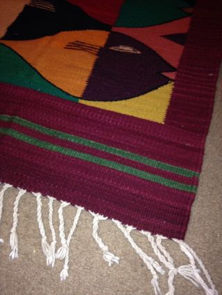 Vintage Mexican Zapotec Fish Eye Wool Rug Loom Wall Hanging Blanket Decor GUC 5