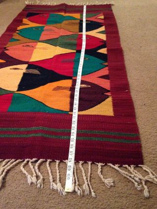 Vintage Mexican Zapotec Fish Eye Wool Rug Loom Wall Hanging Blanket Decor GUC 7