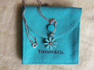 Vtg Tiffany & Co Paloma Picasso Sterling Silver Chain Blue Daisy Flower Pendant