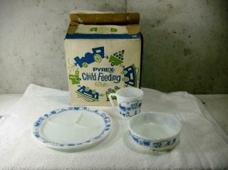 Vintage Pyrex Child Feeding Set Blue Trains 3pc Dish Set Box