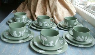 Old Vintage Six Setting Green Jasperware Wedgwood Tea Set And Plates Perfect Cup