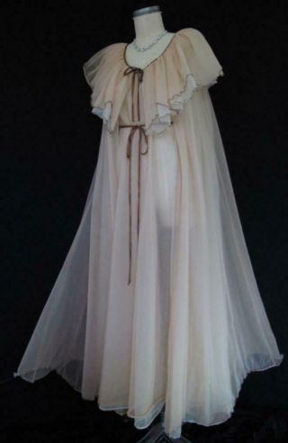 Vintage Montgomery Ward Mocha Beige Sheer Nylon Chiffon Peignoir S M L Gown Robe