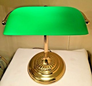 Vintage Brass Piano Bankers Desk Lamp Green Glass Shade Brass Base