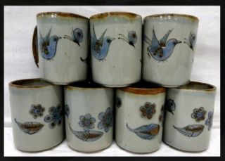 Vintage Mexican Pottery Set Of Seven Signed El Palomar Mugs Cups Birds Flowers