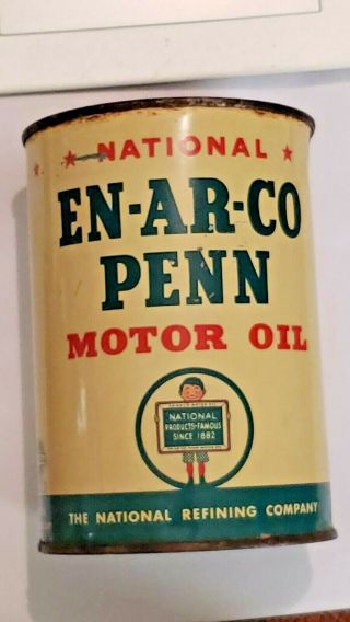 Vintage En - Ar - Co Penn Quart Motor Oil Can Full