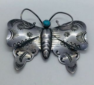 Vintage Navajo Native American Sterling Silver Turquoise Ornate Butterfly Pin