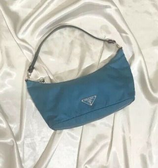 Vintage Prada Sirio Bag Teal Blue Black Mini Hobo Italy Nylon Tessuto