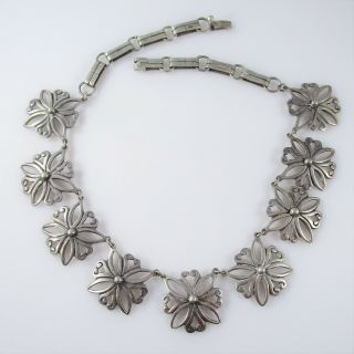 Lopez Taxco Mexico Flower Necklace Vintage Sterling Silver 69.  7g | 17 "