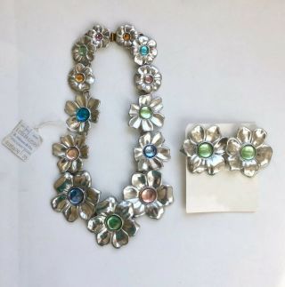 Vintage Nos 70s Ben Amun Multi Colored Statement Flower Necklace And Earrings