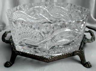 Victorian Octagonal Cut Crystal Glass Compote Bowl Brass Stand Lion Feet