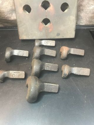 Antique Set Of 8 Crowfoot Wrench Bits By C.  F Miller.  On A Wooden Display Rack 3