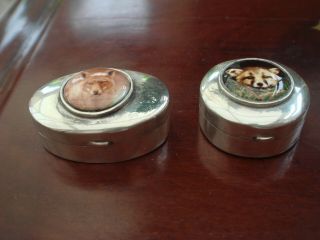 2 Fine Solid Sterling Silver Hallmarked Enamel Fox Hunting Snuff Box,  Pill Box