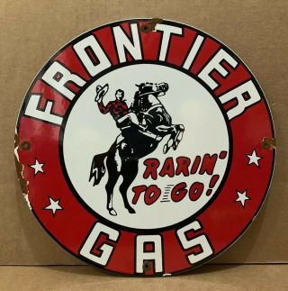 Porcelain Frontier Gasoline Sign Vintage Gas Pump Plate Oil Horse Cowboy Ranch
