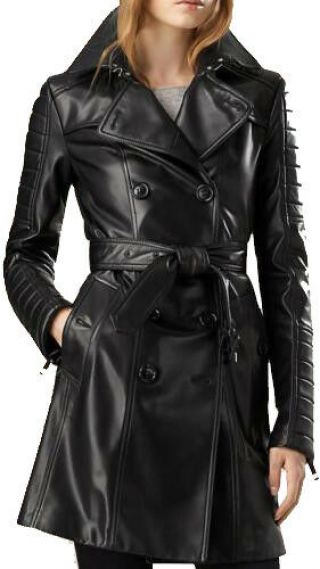 Ladies Long Leather Outerwear Coat Vintage Black Leather Trench Coat