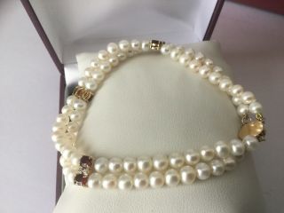 Exquisite Vintage 14ct Gold Fresh Water Pearl,  Diamond & Garnet Bracelet 3