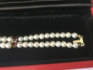 Exquisite Vintage 14ct Gold Fresh Water Pearl,  Diamond & Garnet Bracelet 8