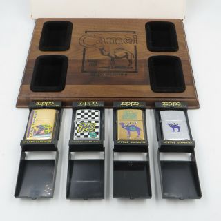 Vintage Zippo Camel Powered Racing Set Of 4 W/ Wooden Board/plaque Display W/box