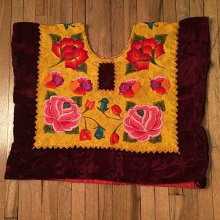 Authentic Vintage Zapotec Tehuantepec Hand Embroidered Huipil From Oaxaca.
