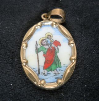 Vintage Enamel 18k St.  Cristopher Gold Religious Charm Pendant Vaticano Italy